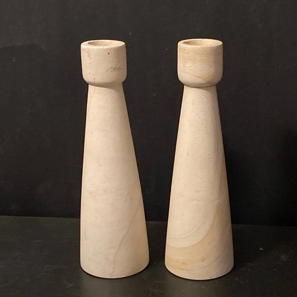 West Elm Taper Candle Holders Ceramic Birch Cream H-7.75”